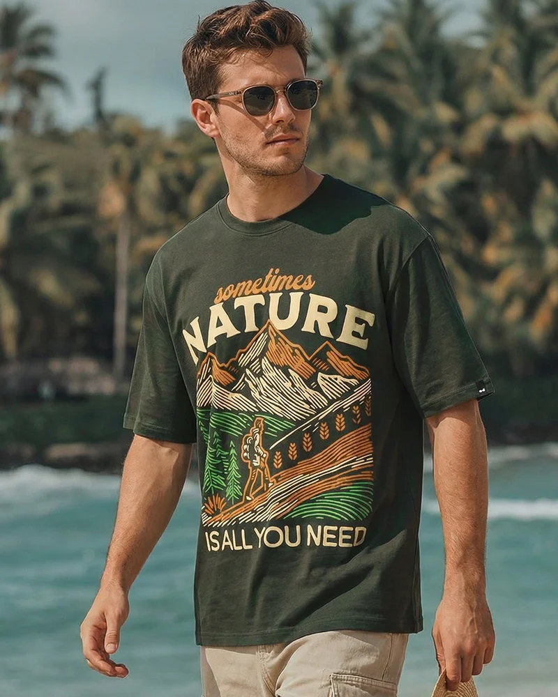 bewakoof Men's Grape Leaf Green Sometimes Nature Graphic Printed Oversized T-shirt